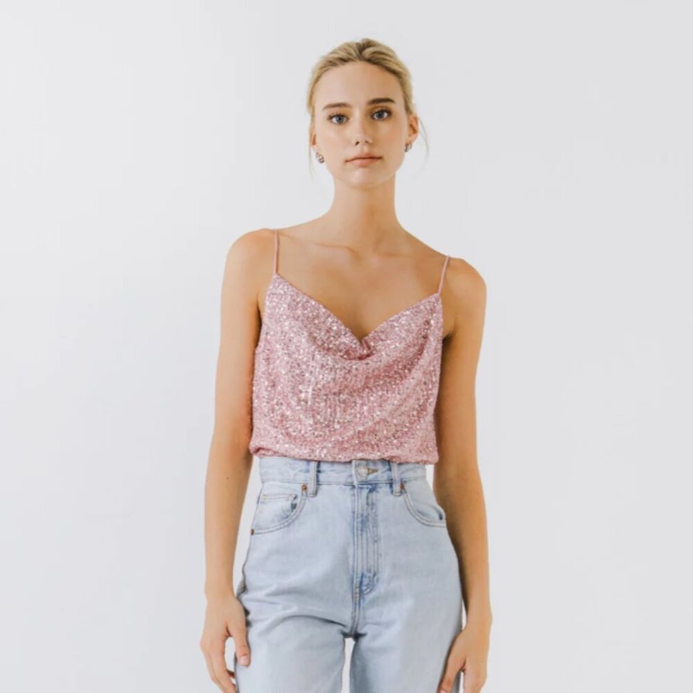 Endless Rose Pink Sequin Camisole Top Small Sparkly Party Tank Glitter Cami